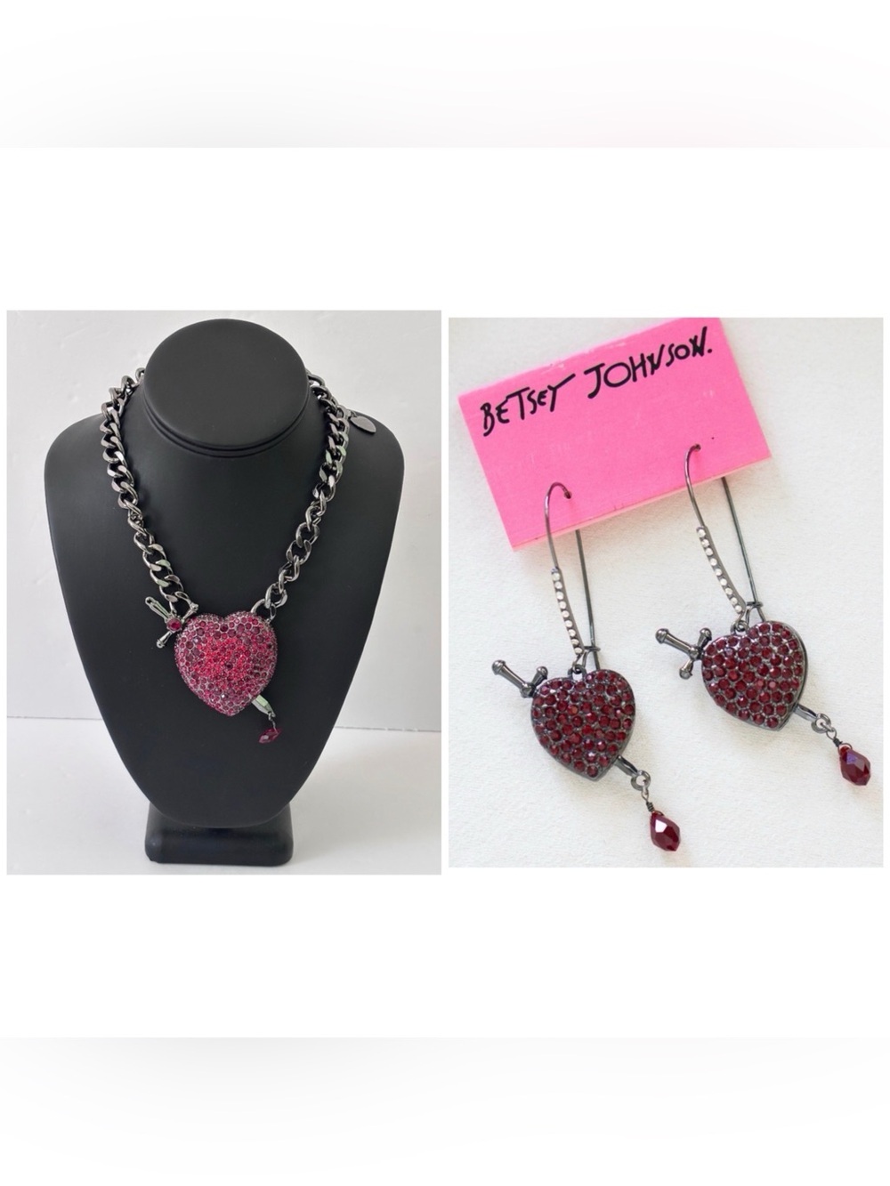 BETSEY JOHNSON SET RARE Vintage Heart Dagger & Blood Earrings & Necklace NEW NWT